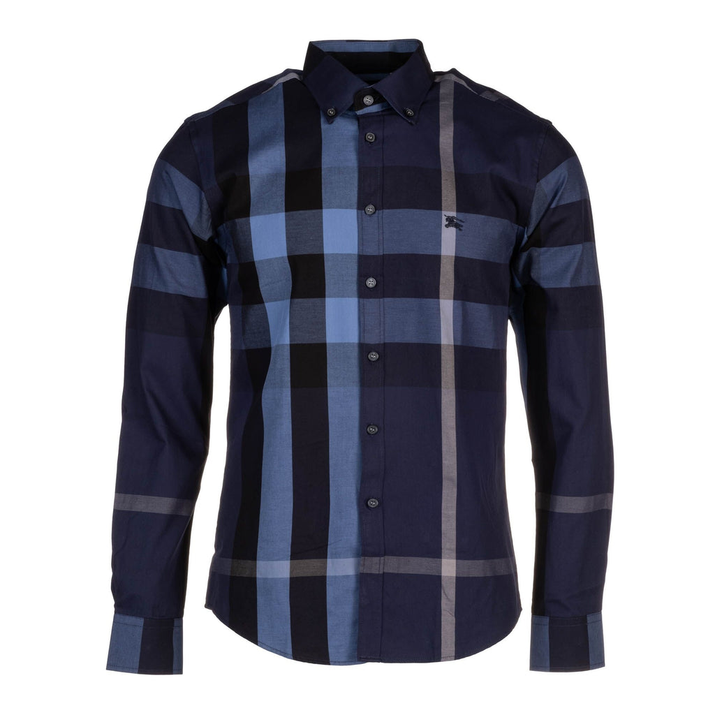 Burberry Men's Cotton Exploded Check Button Down Shirt Navy