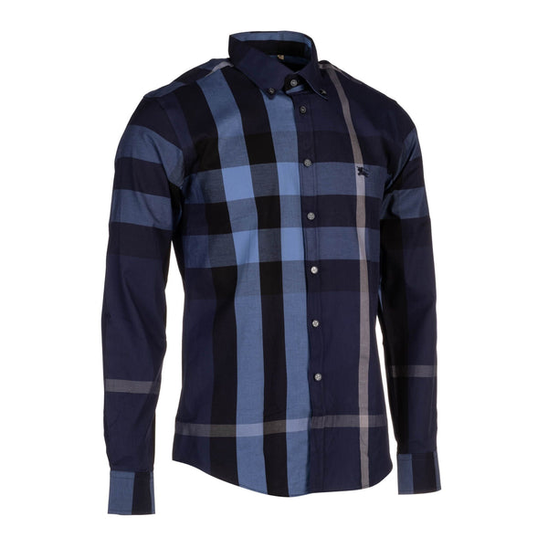 Burberry Men's Cotton Exploded Check Button Down Shirt Navy