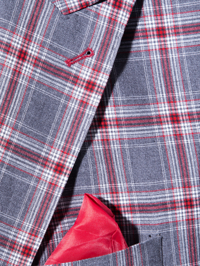 The Kingston Mens Grey/Red Checker Slim Fit 3 Piece Suit