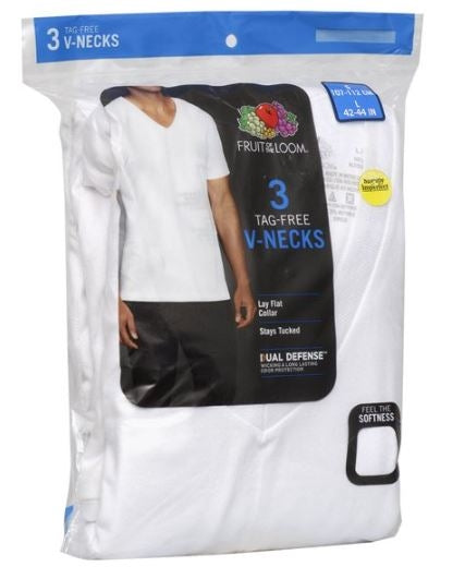 Fruit of the Loom Men's 3 Pack Dual Defense Tag Free V Neck T Shirts White