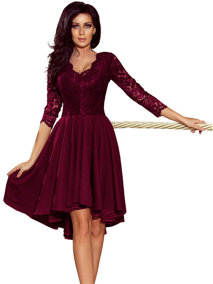 Numoco 210-13 NICOLLE - dress with longer back with lace neckline - plum
