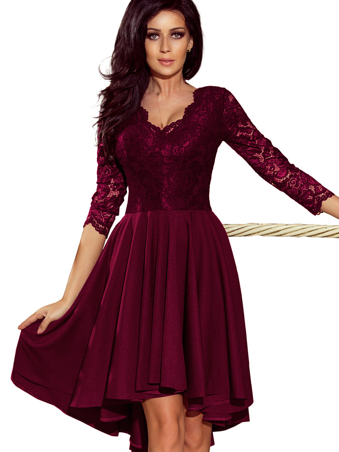 Numoco 210-13 NICOLLE - dress with longer back with lace neckline - plum