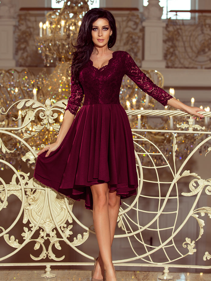 Numoco 210-13 NICOLLE - dress with longer back with lace neckline - plum
