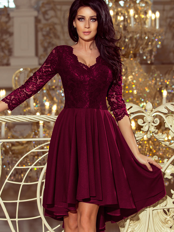 Numoco 210-13 NICOLLE - dress with longer back with lace neckline - plum