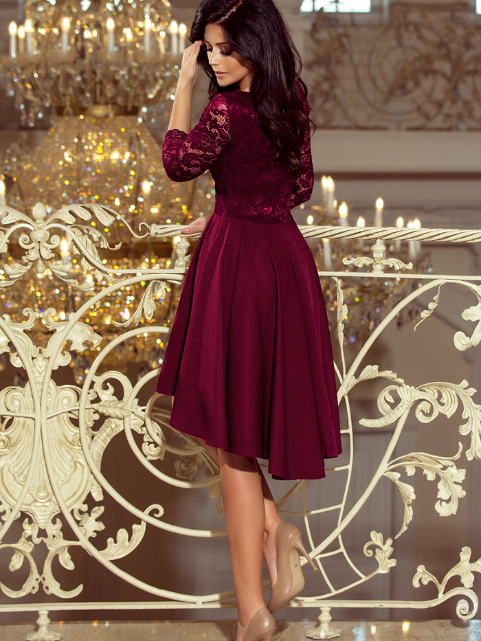 Numoco 210-13 NICOLLE - dress with longer back with lace neckline - plum