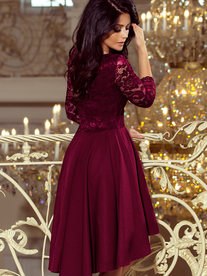 Numoco 210-13 NICOLLE - dress with longer back with lace neckline - plum