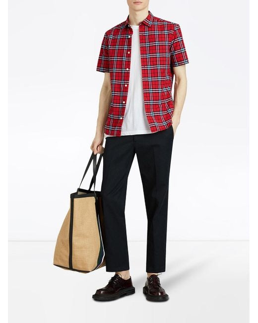 Burberry Men's Brit Check Short-Sleeve Shirt Red
