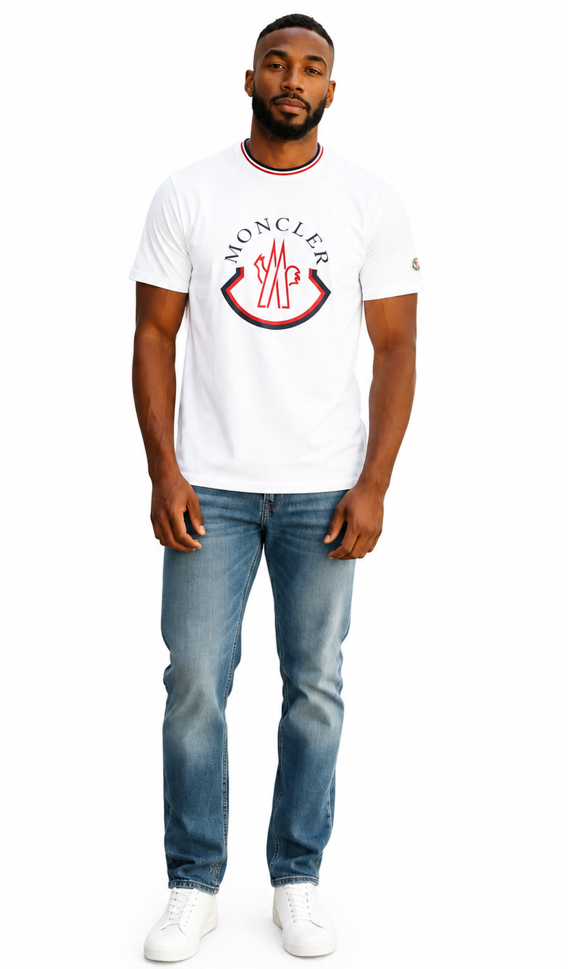 Moncler White Crew Neck  Logo Patch T-Shirt Closing Out