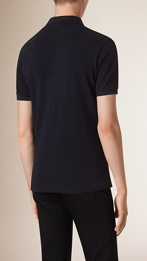 Burberry Check Placket Pique Cotton Polo Shirt Navy