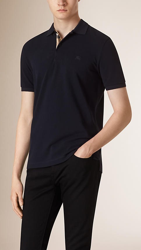 Burberry Check Placket Pique Cotton Polo Shirt Navy