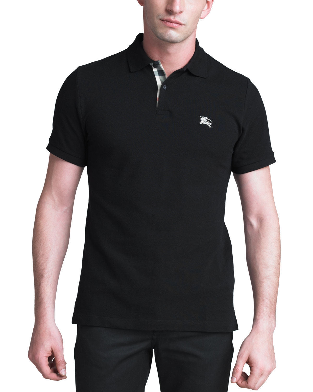 Burberry Check Placket Pique Cotton Polo Shirt Black Main image