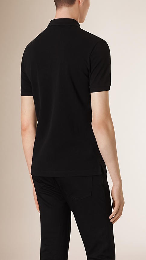 Burberry Check Placket Pique Cotton Polo Shirt Black