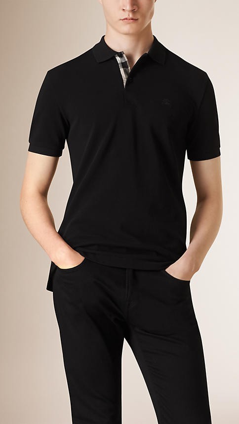 Burberry Check Placket Pique Cotton Polo Shirt Black