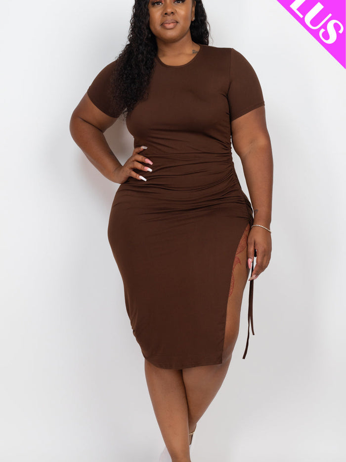 Plus Size Drawstring Ruched Side Split Hem Midi Dress (CAPELLA)