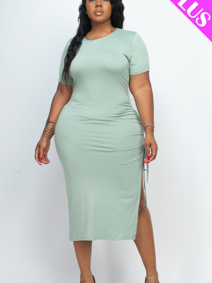Plus Size Drawstring Ruched Side Split Hem Midi Dress (CAPELLA)