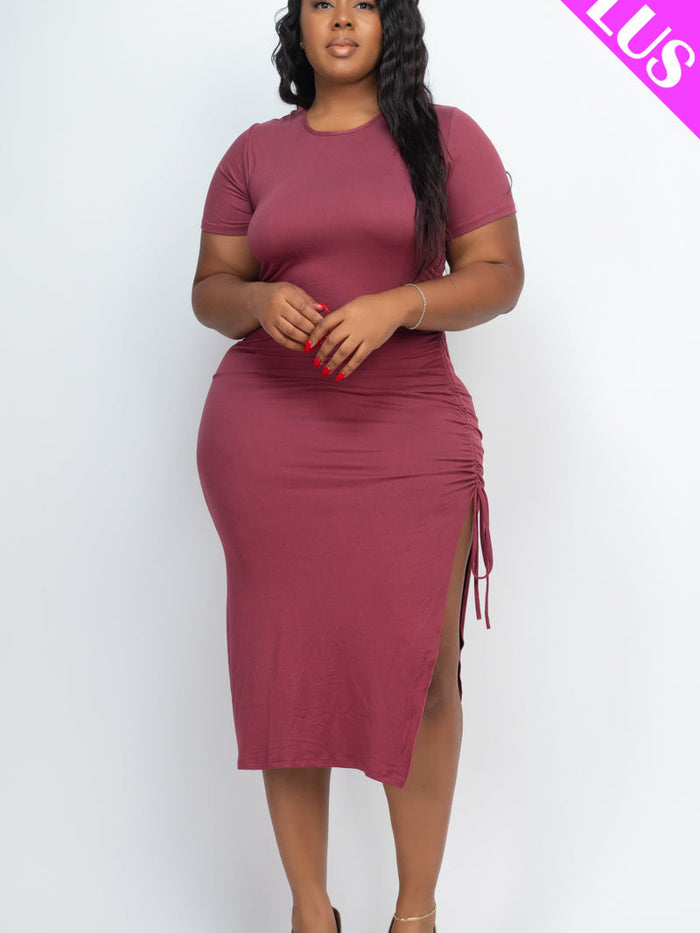 Plus Size Drawstring Ruched Side Split Hem Midi Dress (CAPELLA)