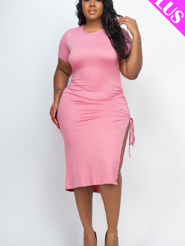 Plus Size Drawstring Ruched Side Split Hem Midi Dress (CAPELLA)