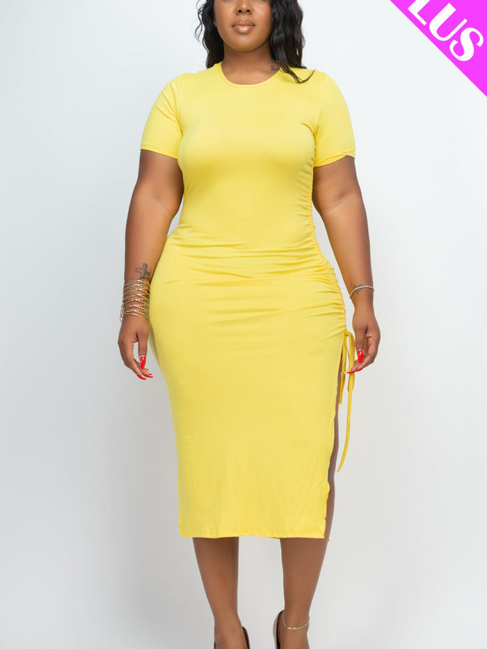 Plus Size Drawstring Ruched Side Split Hem Midi Dress (CAPELLA)