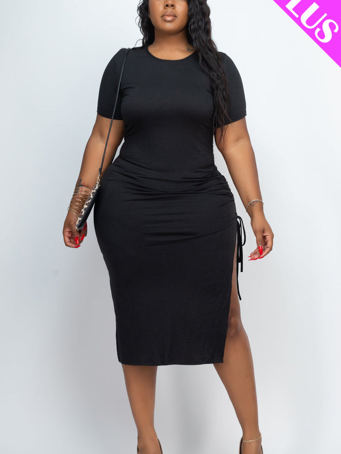 Plus Size Drawstring Ruched Side Split Hem Midi Dress (CAPELLA)
