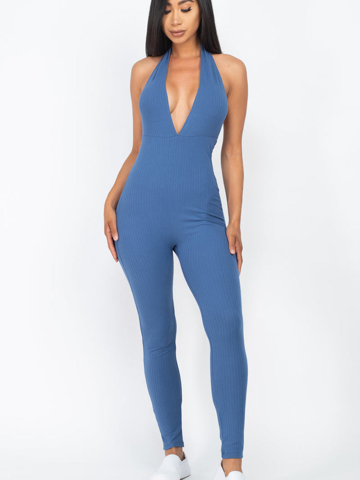 Halter V Neck Ribbed Bodycon Jumpsuit (CAPELLA)