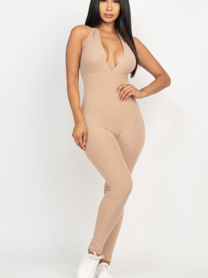 Halter V Neck Ribbed Bodycon Jumpsuit (CAPELLA)