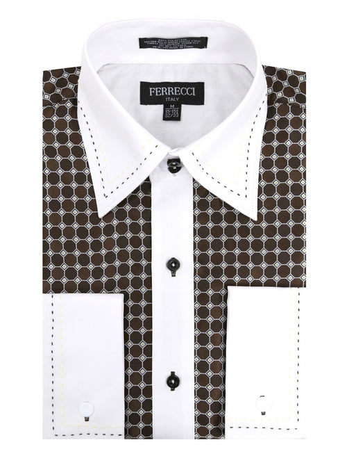 Ferrecci Men's Satine Hi-1022 Brown Circle Pattern Button Down Dress Shirt
