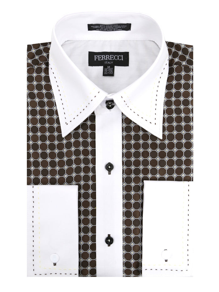 Ferrecci Men's Satine Hi-1022 Brown Circle Pattern Button Down Dress Shirt