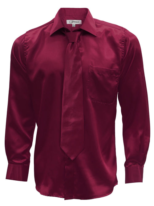 Burgundy Satin Regular Fit French Cuff Dress Shirt, Tie & Hanky Set