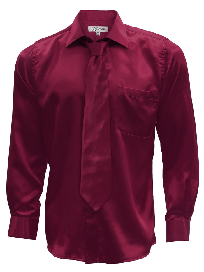 Burgundy Satin Regular Fit French Cuff Dress Shirt, Tie & Hanky Set