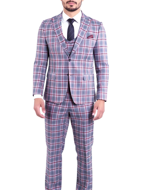 The Kingston Mens Grey/Red Checker Slim Fit 3 Piece Suit