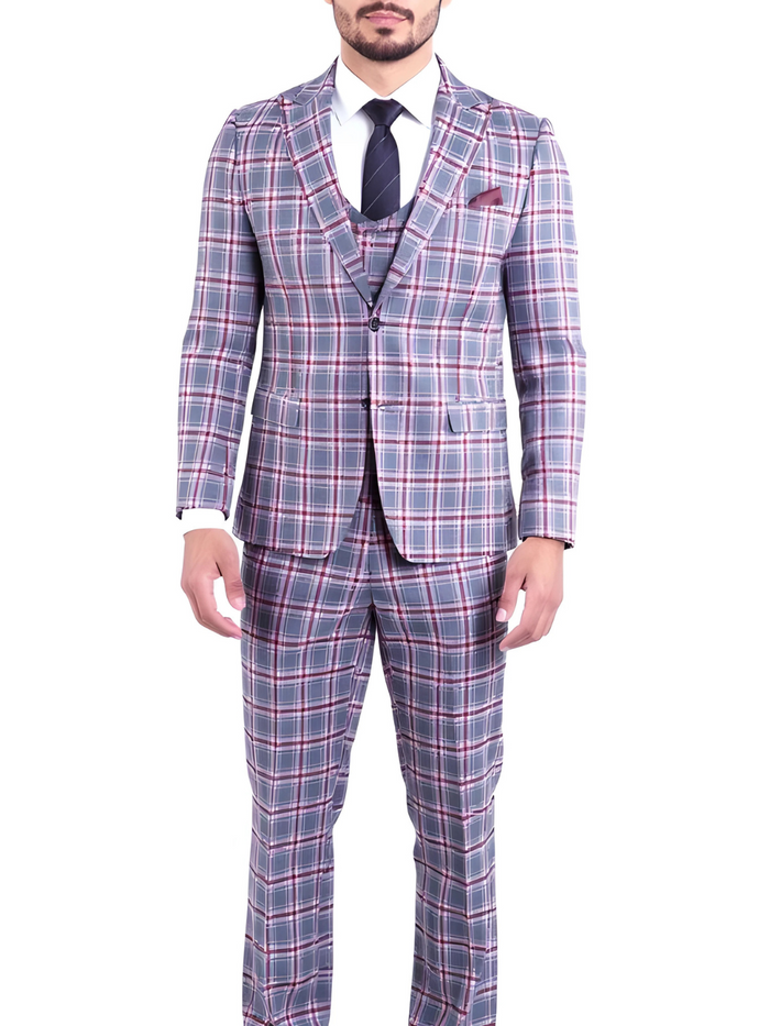 The Kingston Mens Grey/Red Checker Slim Fit 3 Piece Suit