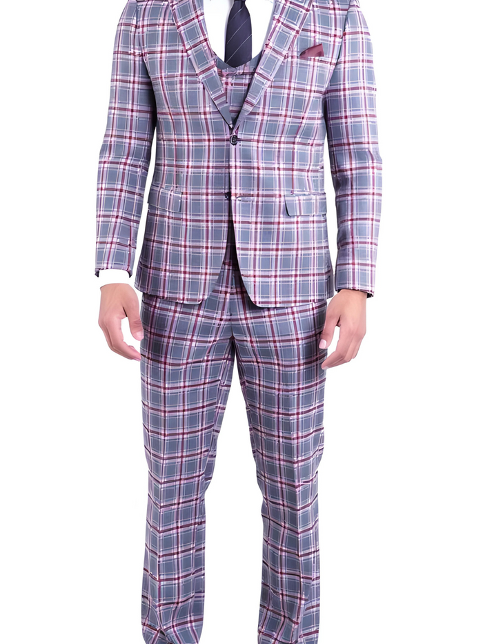 The Kingston Mens Grey/Red Checker Slim Fit 3 Piece Suit