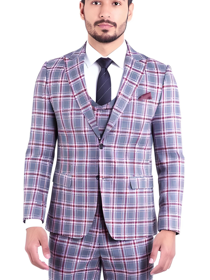 The Kingston Mens Grey/Red Checker Slim Fit 3 Piece Suit