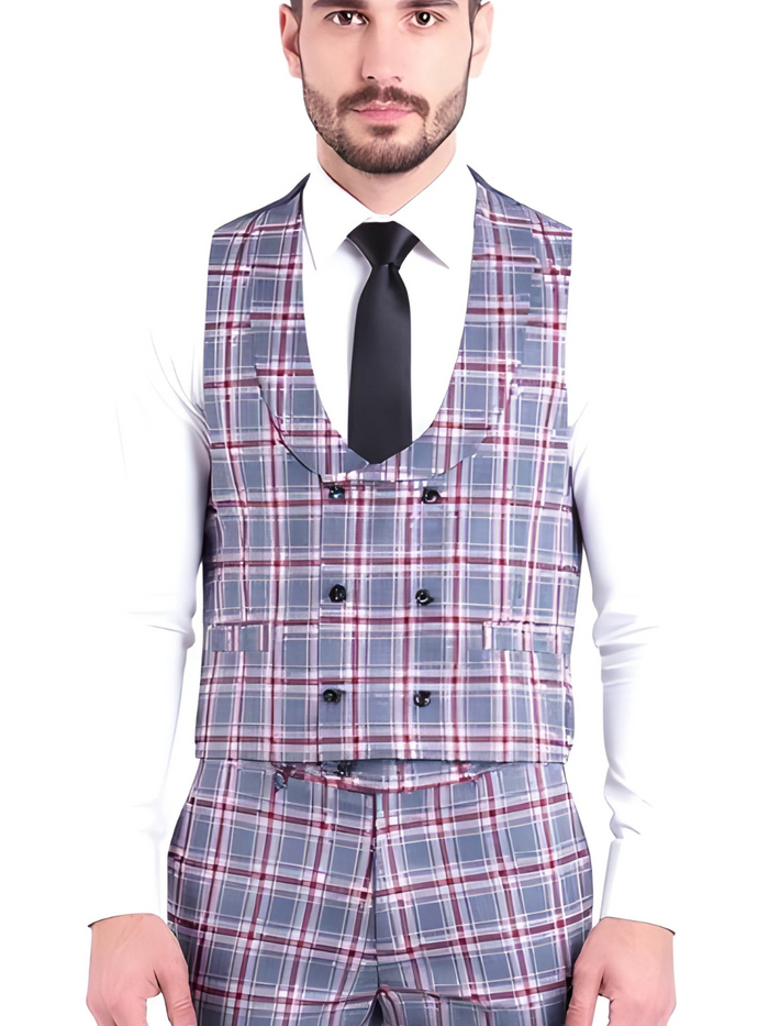 The Kingston Mens Grey/Red Checker Slim Fit 3 Piece Suit